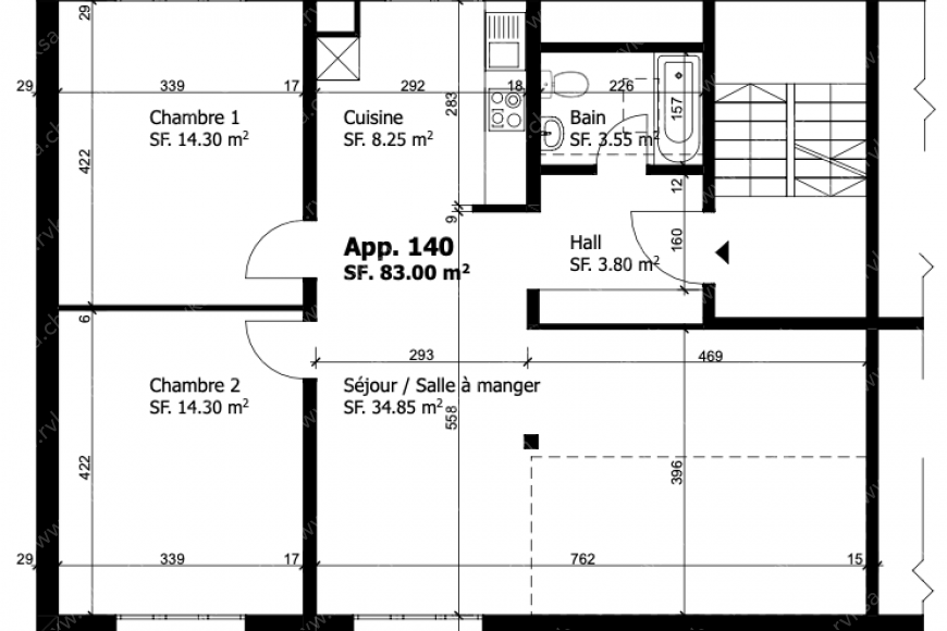 Appartement de 3 pièces, 83 m2, à Coffrane - Plan objet locatif 
